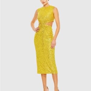 NWT Ieena for Mac Duggal Yellow Sequin Front Twist Cut Out Sheath Dress Size 4
